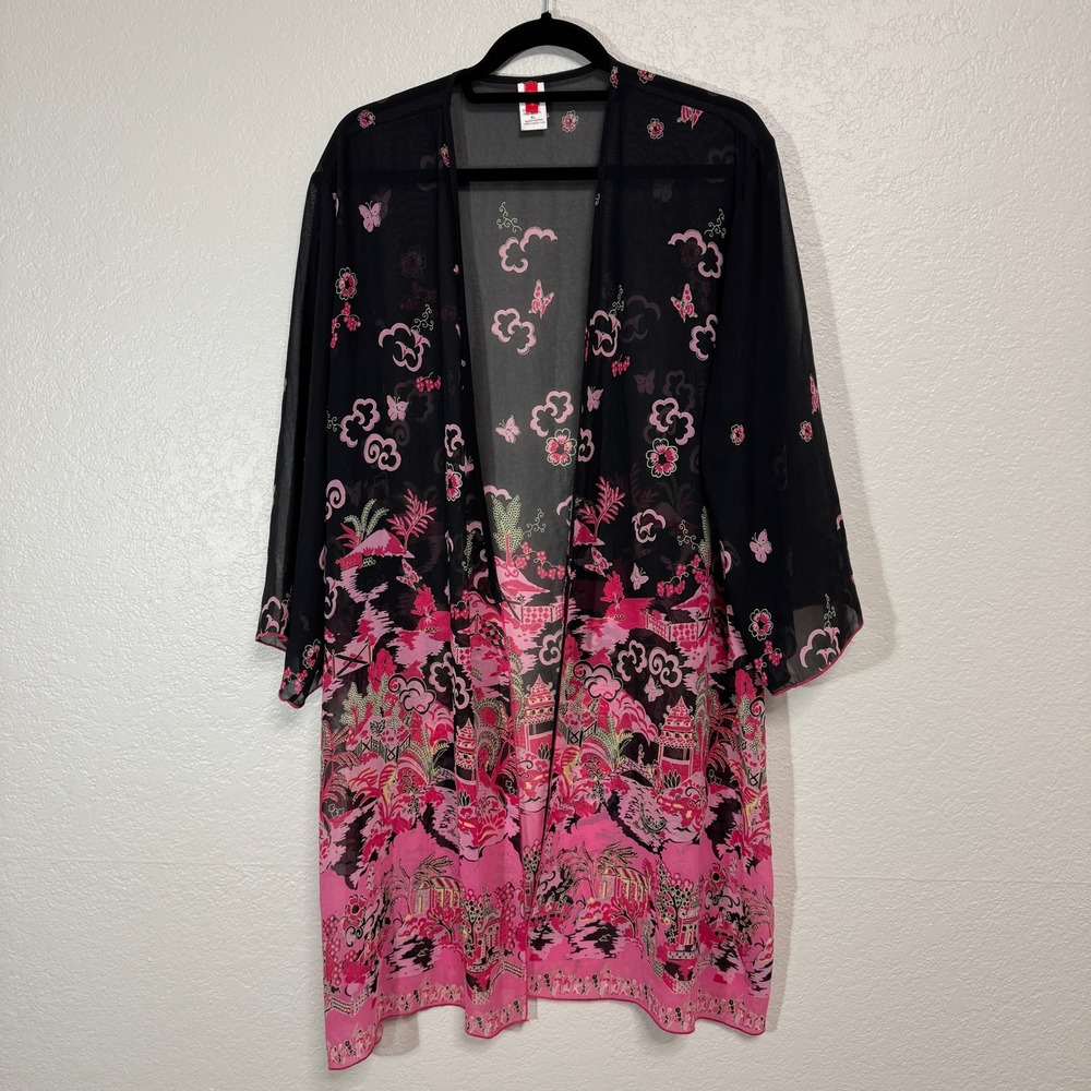 Josie Kimono Robe Womens XL Black Pink Chiffon Sheer Asian Print Resort Tunic